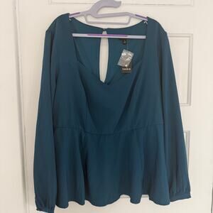 Torrid Teal Sweetheart Long Sleeve Key Hole Open Back A Line Plus 1X Blouse NEW